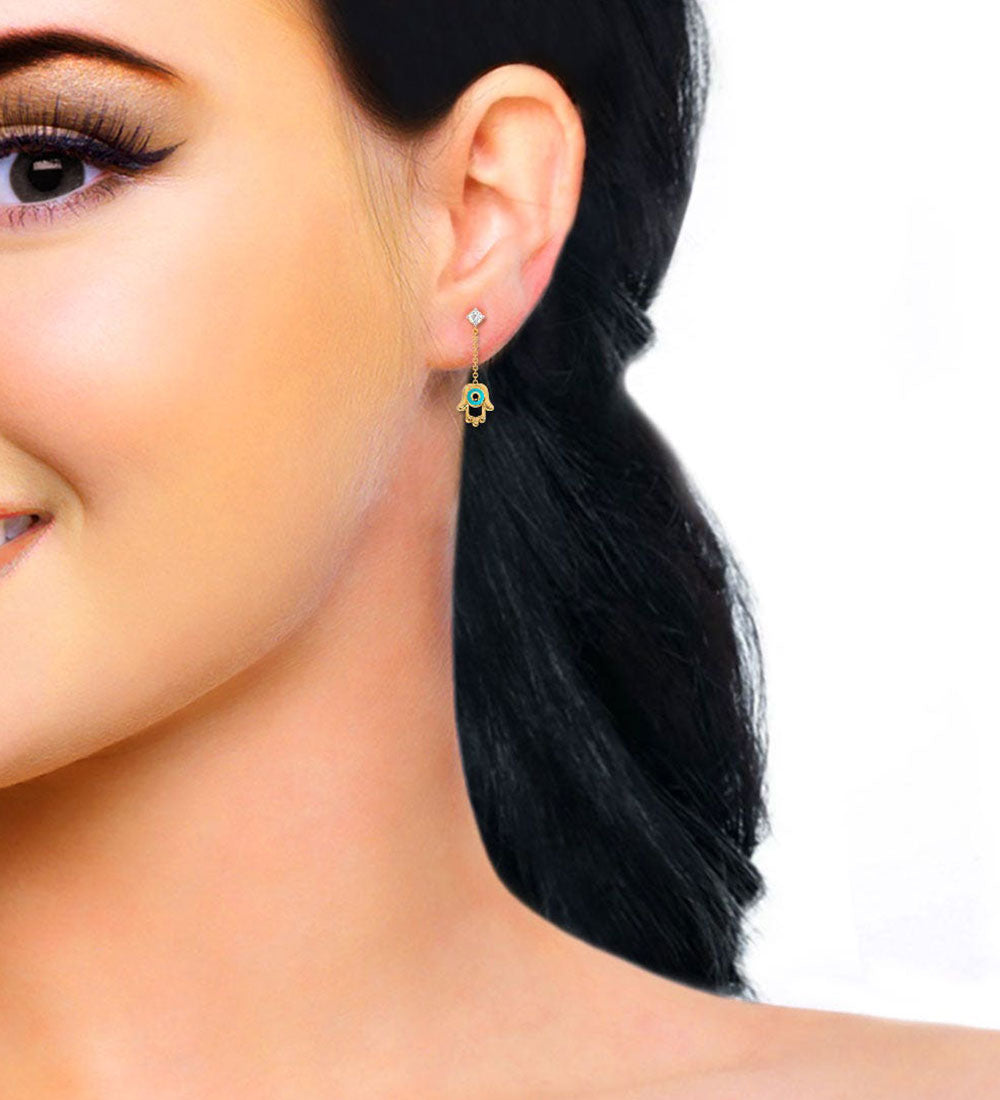 Earrings - Hamsa Evil Diamond Dangling Eye Earrings -