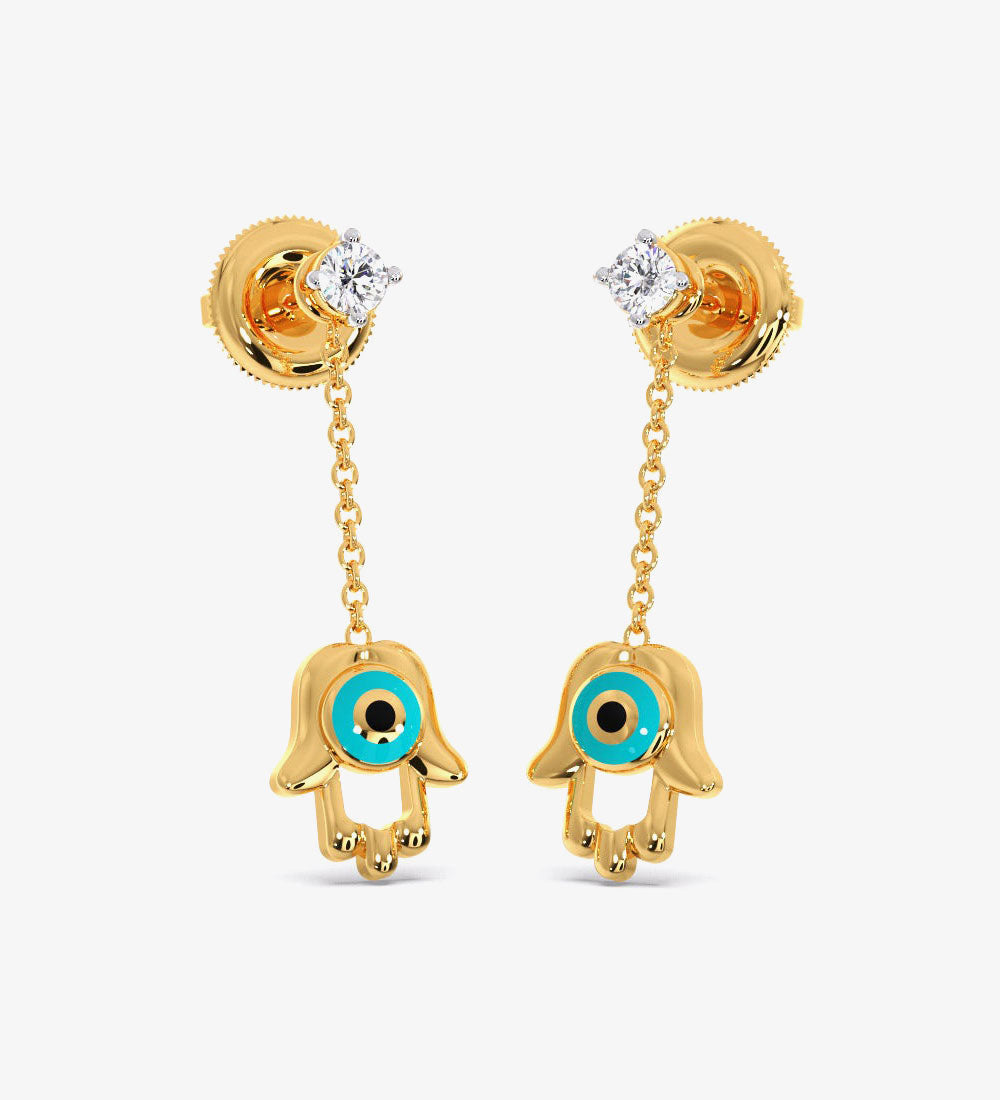 Earrings - Hamsa Evil Diamond Dangling Eye Earrings -